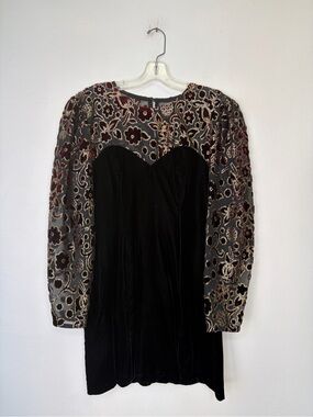 Vintage Algo Black Velvet Long Sleeve Dress with Floral Embroidered Sleeves